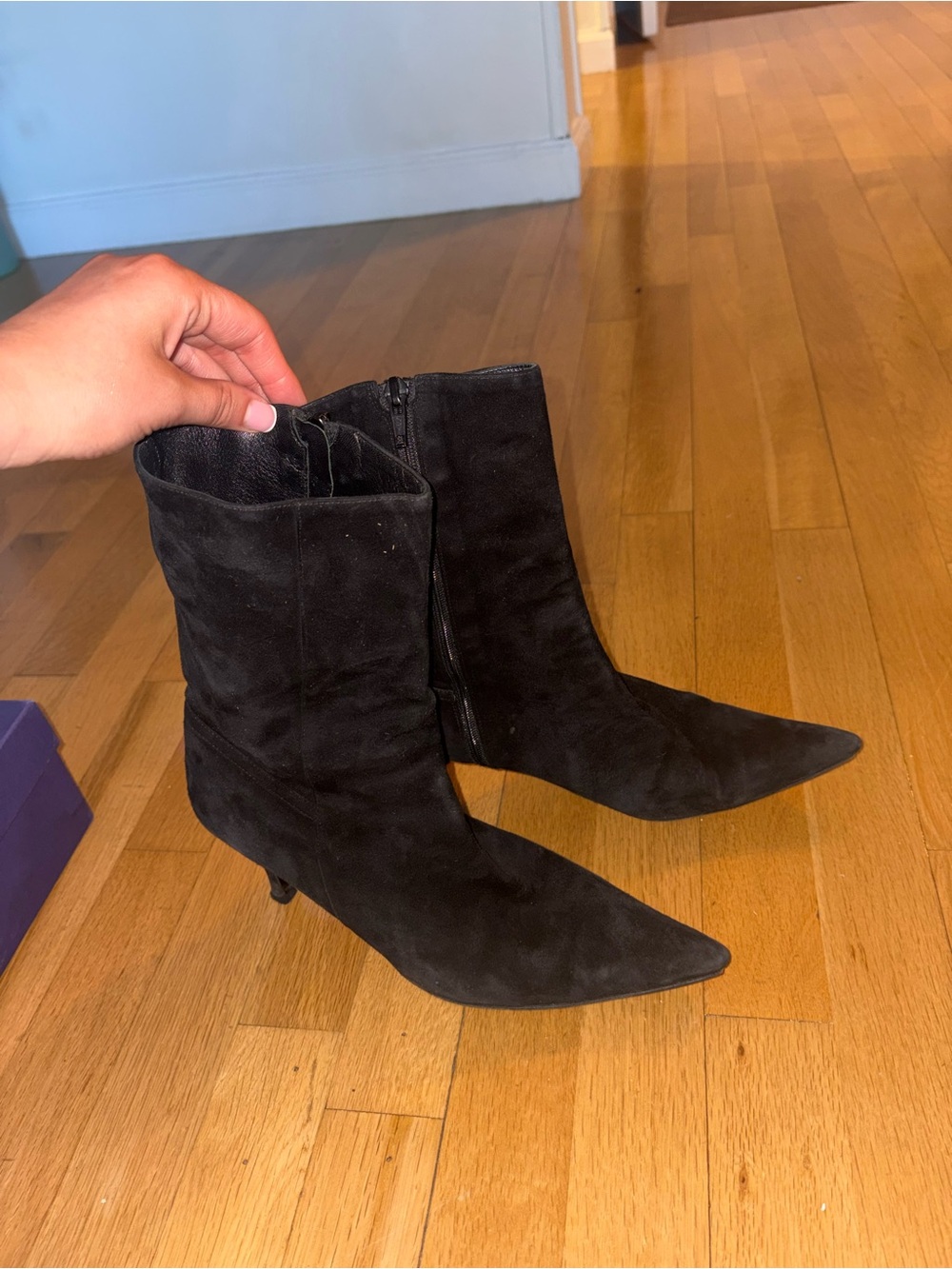 Cole Haan Black Pointed-Toe Suede Mid-Calf Heeled Boots